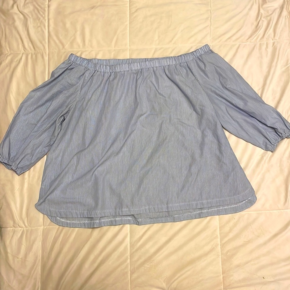 Blue and white striped off the shoulder plus size top